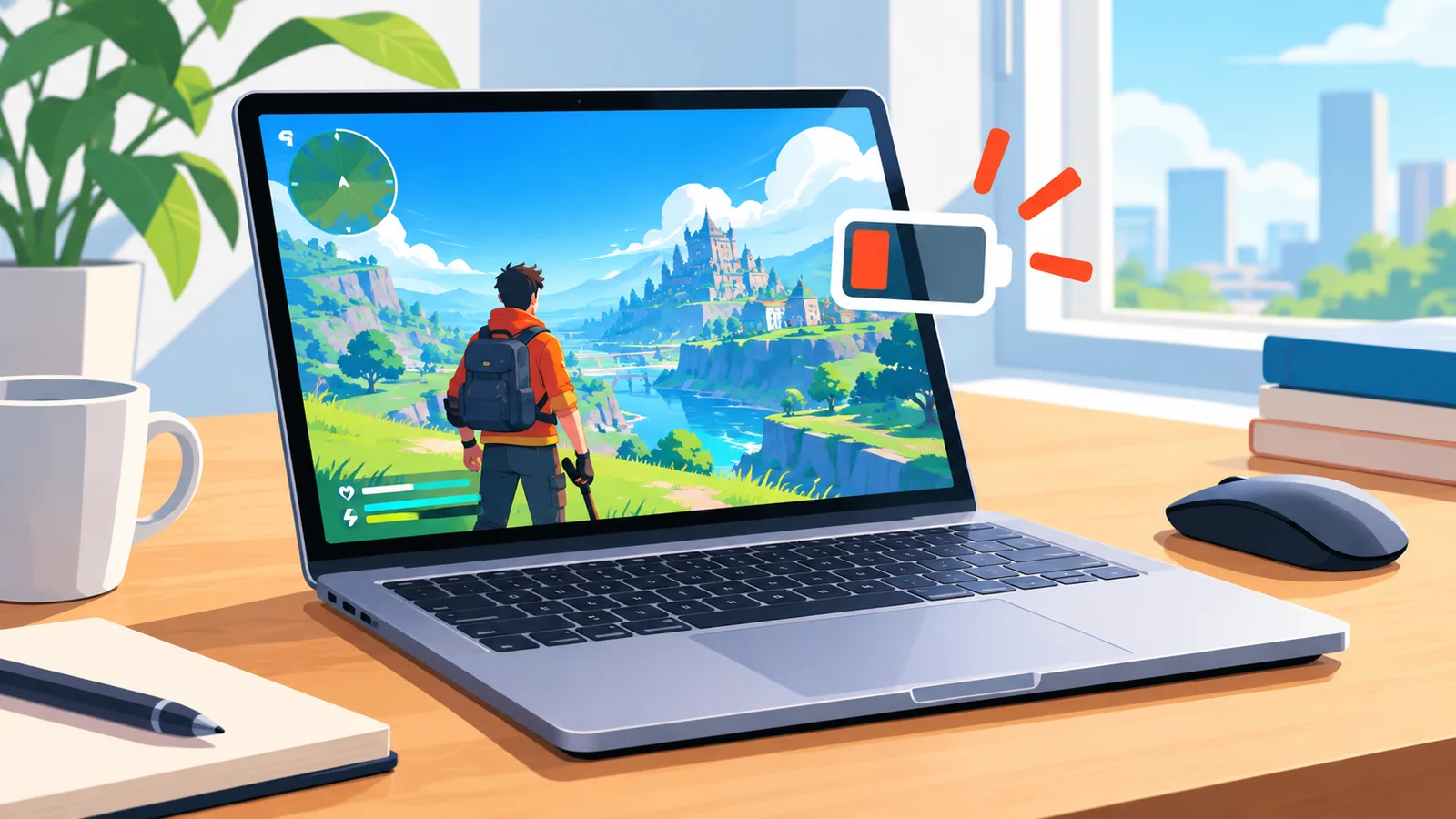 MacBook Pro เปิดเกมสีสันสดใสบนโต๊ะทำงาน