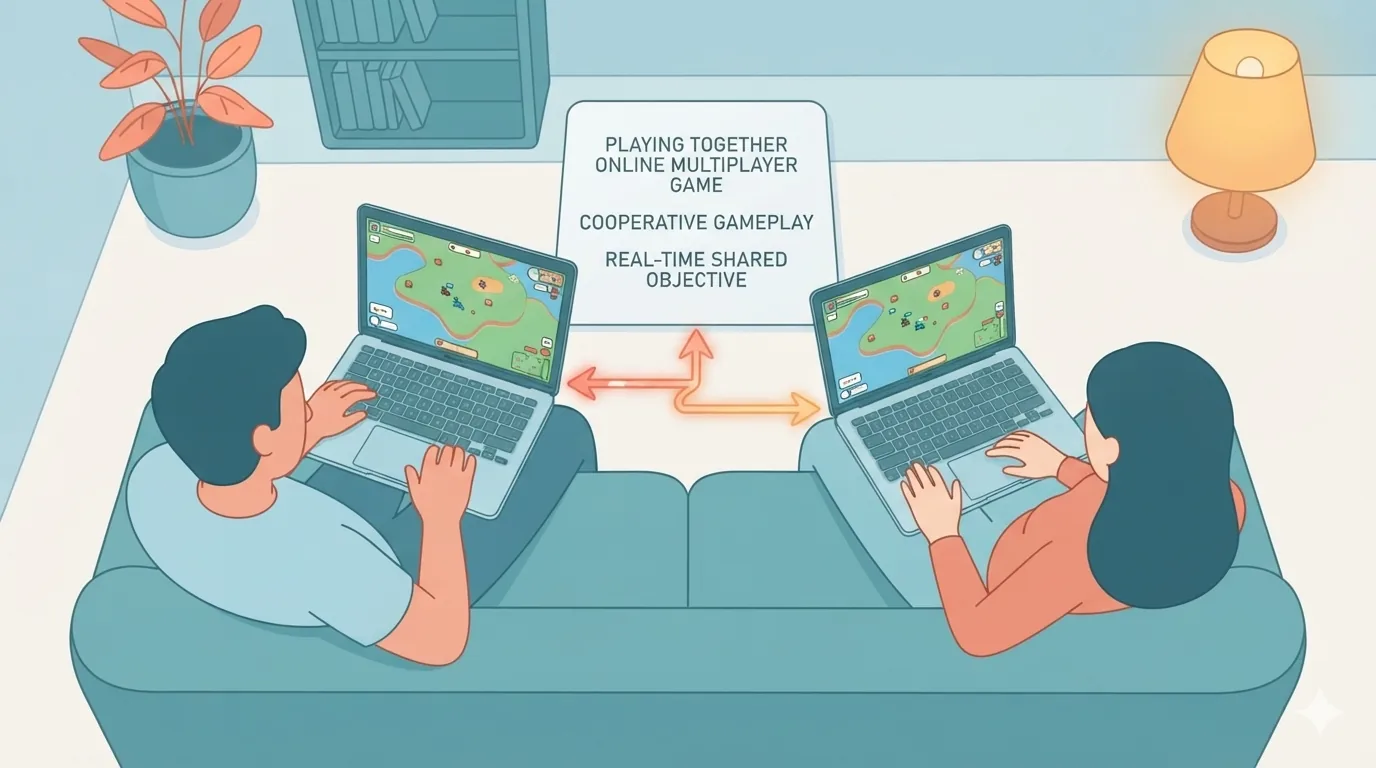 สองคนเล่นเกมออนไลน์ร่วมกันบนโซฟา