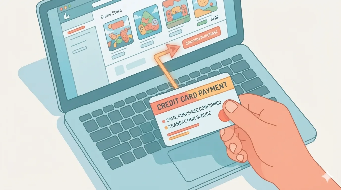 มือถือบัตรเครดิตใกล้หน้าจอร้านเกมดิจิทัล