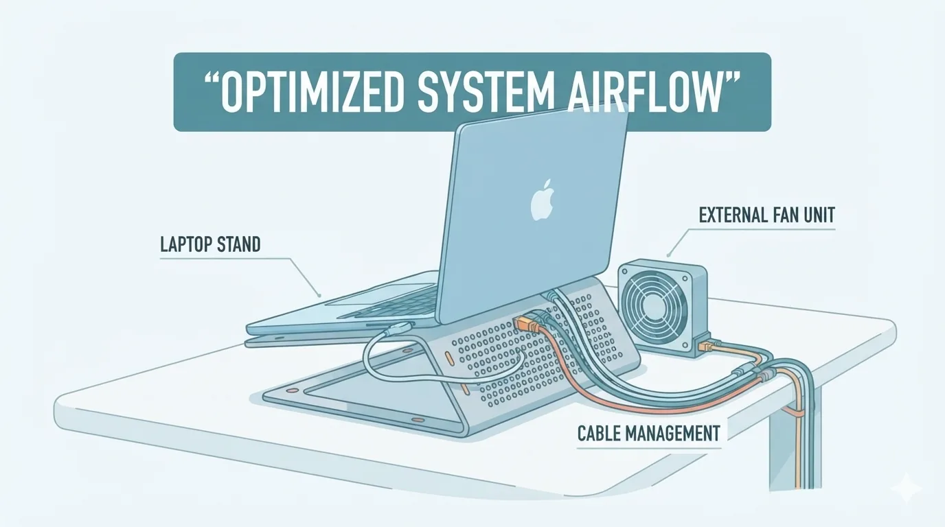 MacBook วางบนแท่นระบายความร้อนพร้อมพัดลม