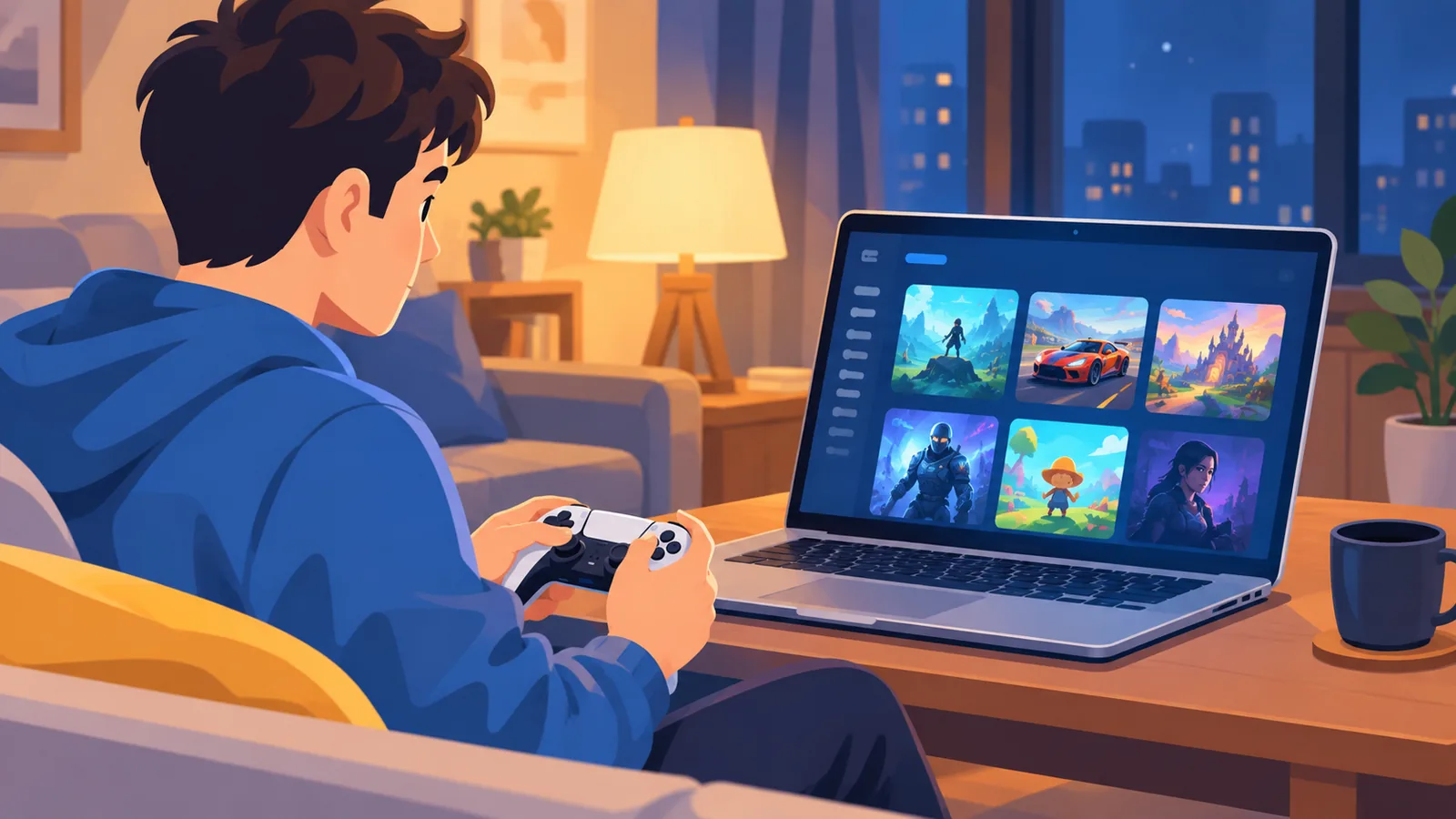 หน้าจอไลบรารีเกมที่แชร์ในบรรยากาศห้องนั่งเล่น