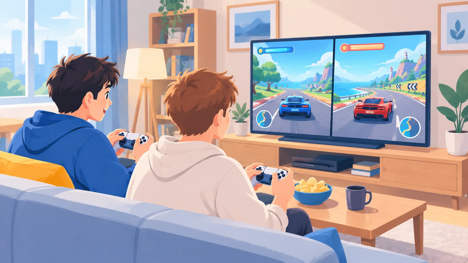 เพื่อนสองคนเล่นเกมร่วมกันผ่านการสตรีมหน้าจอ