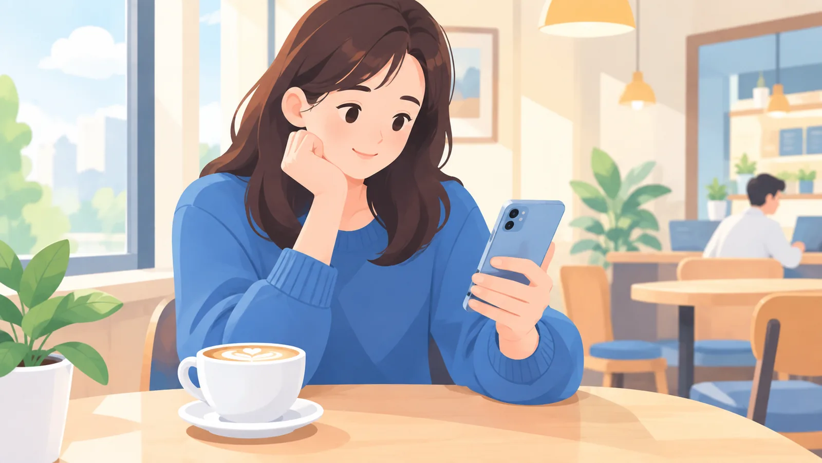 ผู้ซื้ออ่านข้อมูลบนสมาร์ตโฟนในร้านกาแฟก่อนตัดสินใจ