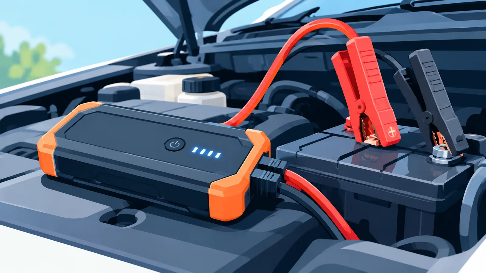 Akü takviye cihazının araç motoru yanında görünümü