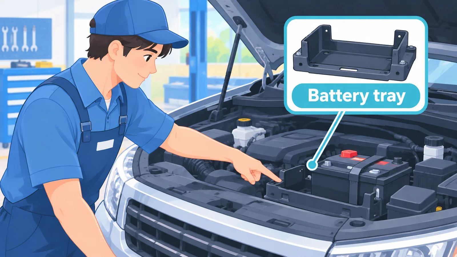Motor bölmesinde akü yuvasını gösteren tamirci