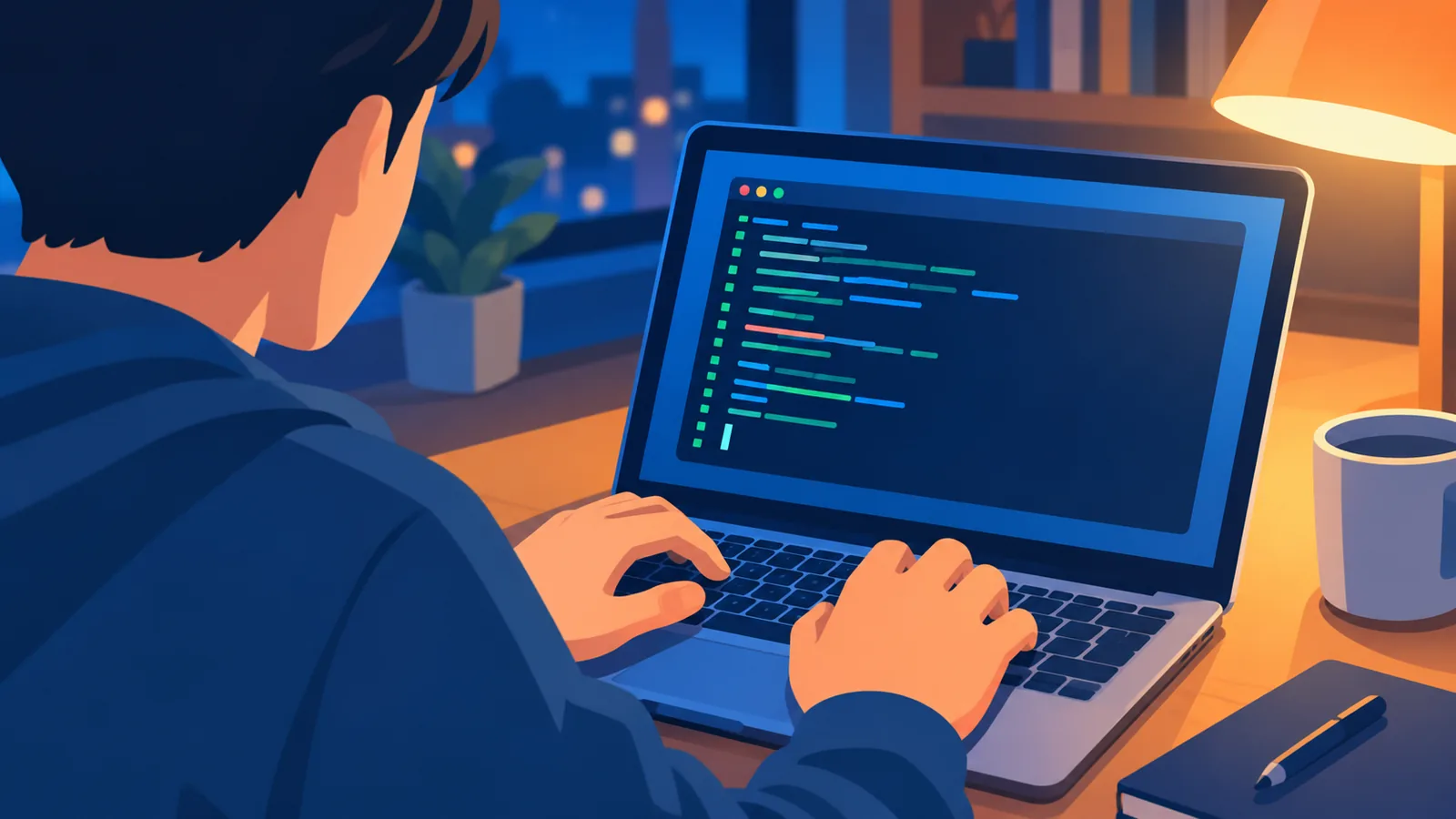 Gece ofisinde terminal ekranıyla çalışan geliştirici