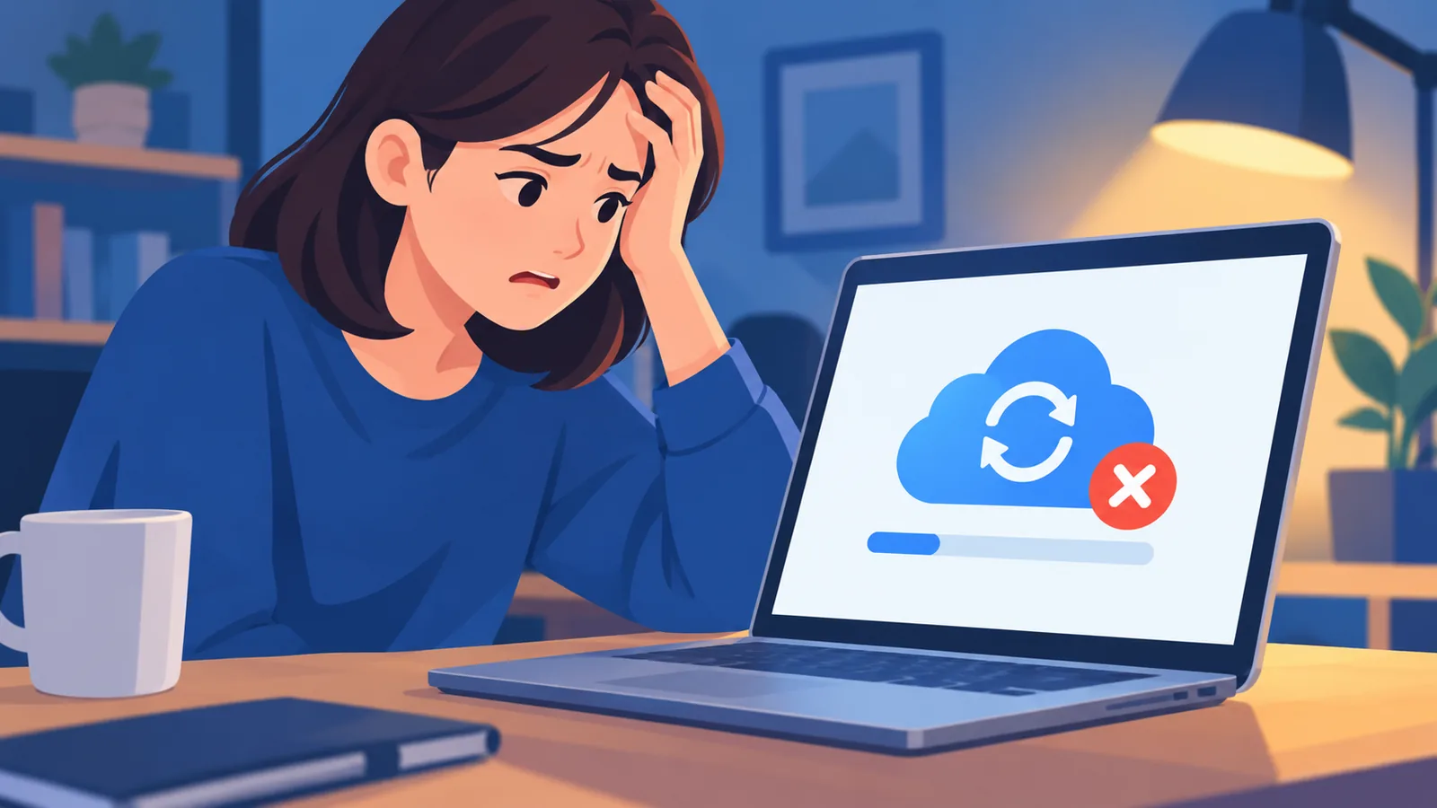 iCloud senkronizasyonunun durma nedenlerini gösteren dizüstü bilgisayar ekranı