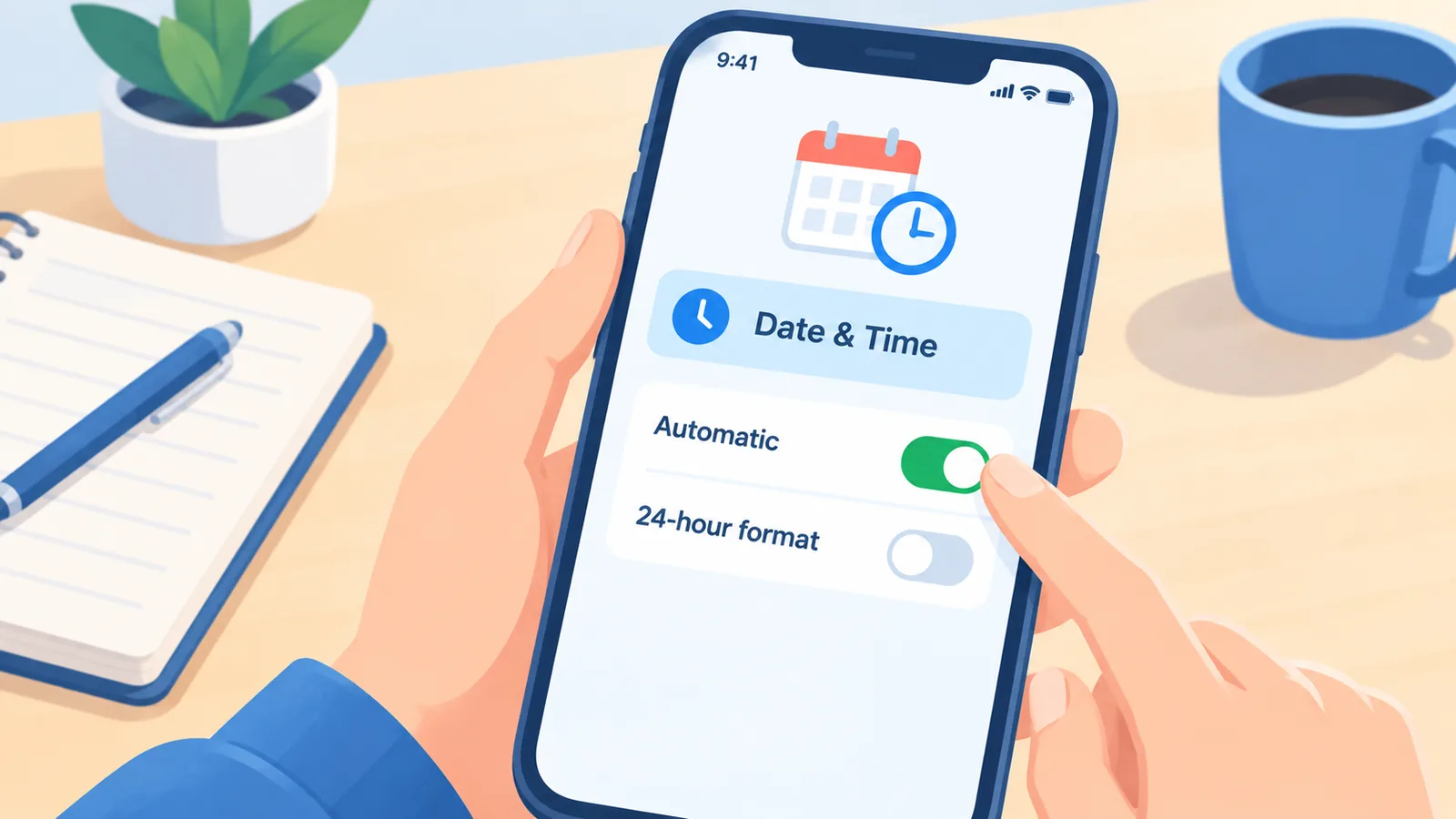 Tarih ve saat ayarlarını kontrol eden telefon ekranı
