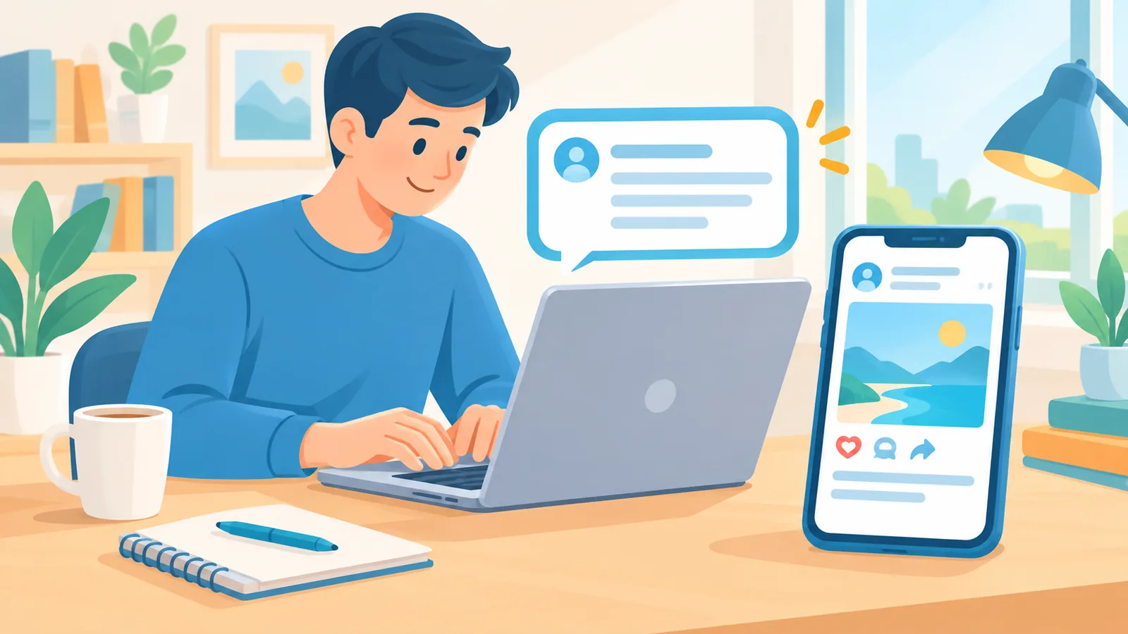 Bir gönderiye not yazan kişi, dizüstü bilgisayar ve telefon