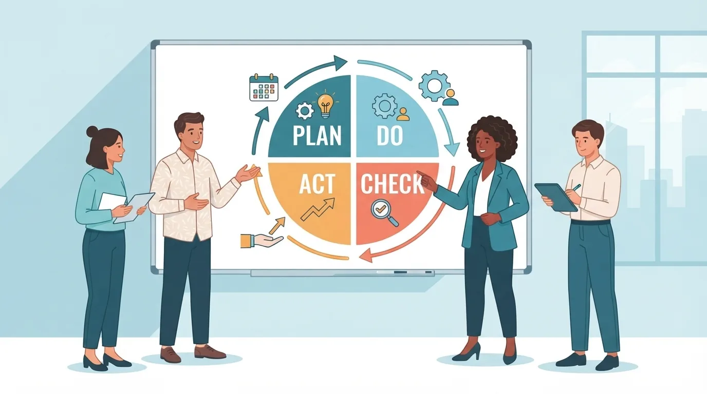 PDCA döngüsünü açıklayan beyaz tahta çizimi