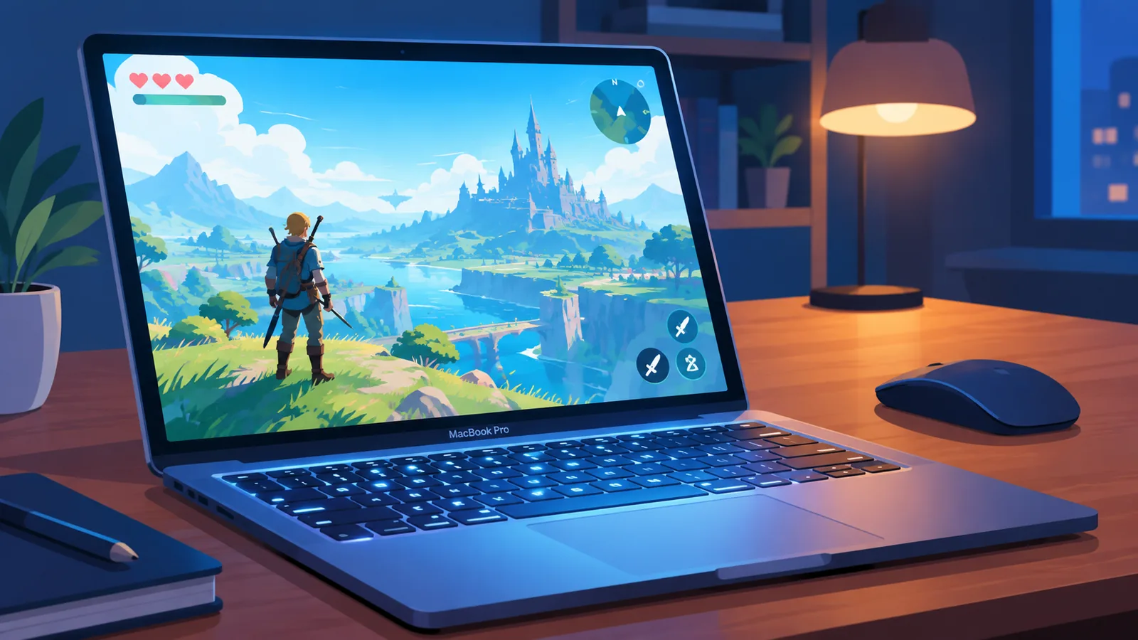 Apple Silicon MacBook Pro üzerinde çalışan bir AAA oyun sahnesi