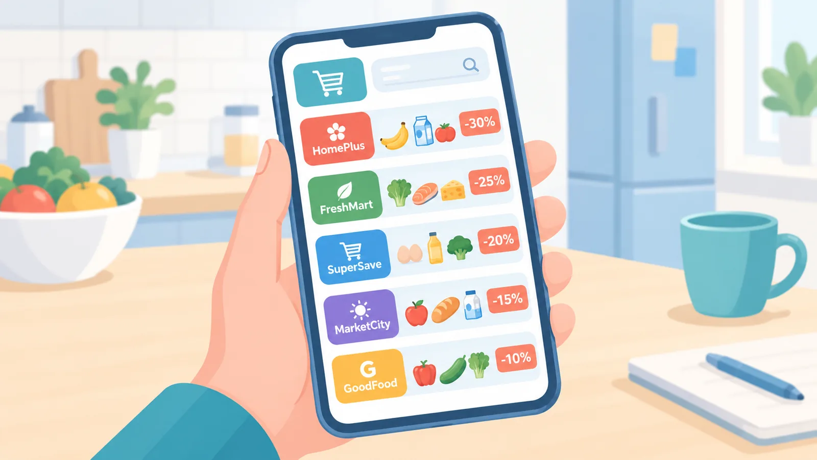 Farklı market kataloglarının bir arada gösterildiği mobil uygulama ekranı