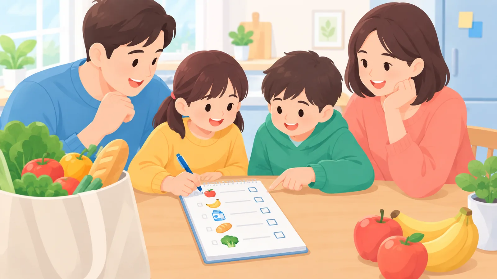 Kalabalık bir aile market alışverişi listesi hazırlıyor