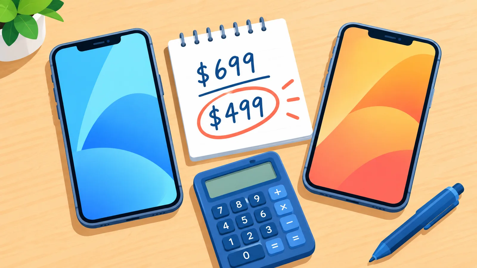 Masanın üzerinde yan yana duran iki akıllı telefon ve bir hesap makinesi