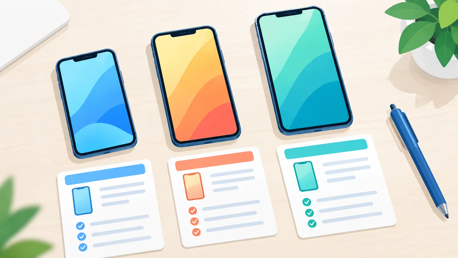 Yan yana yerleştirilmiş telefonlar ve karşılaştırma kartları