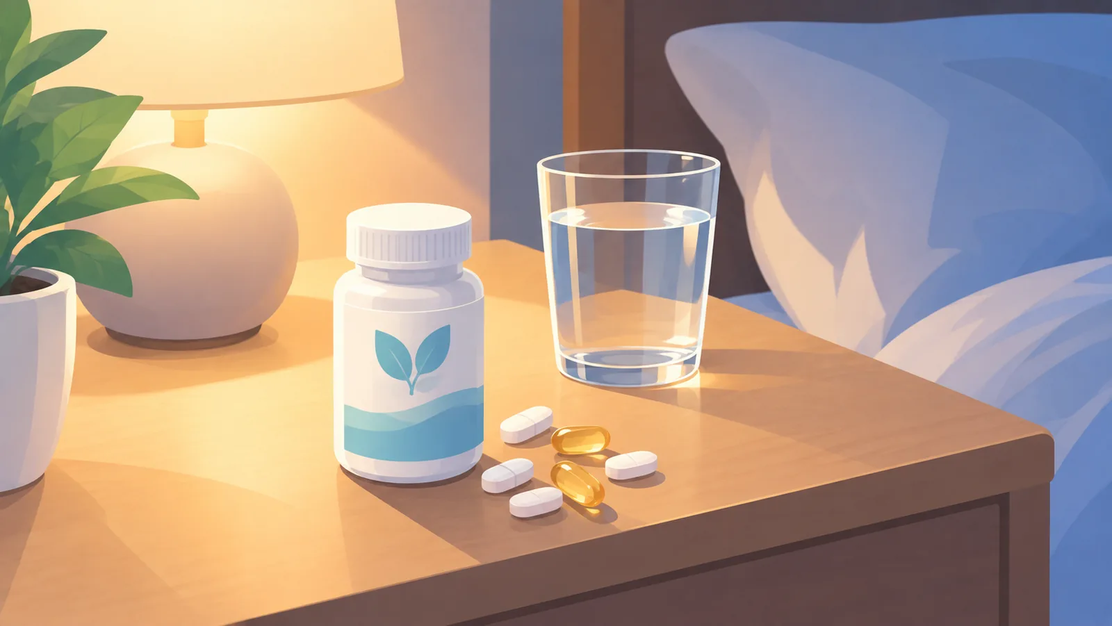 Komodin üzerinde melatonin şişesi ve tabletler