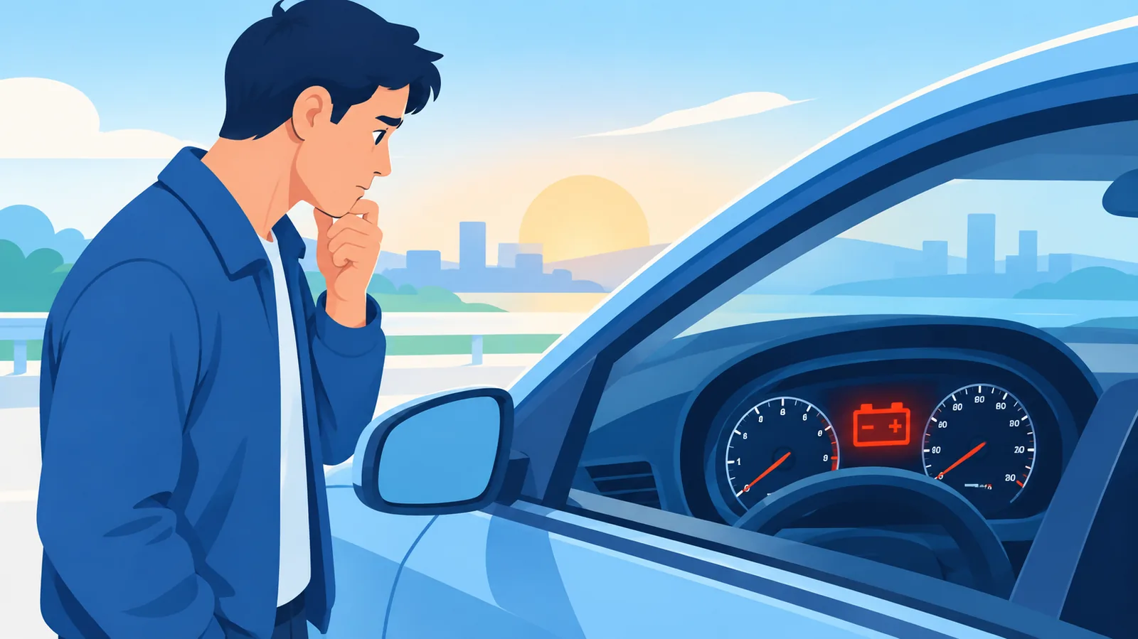 Người đàn ông đứng cạnh xe ô tô ban sáng, nhìn vào đồng hồ trên bảng táp-lô
