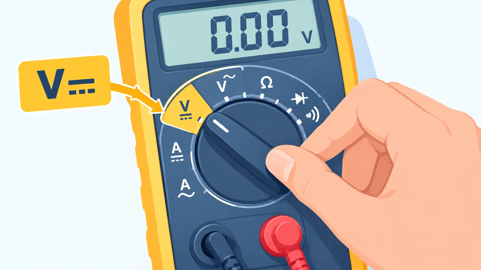 Núm chọn đồng hồ vạn năng được xoay đến vị trí đo điện áp một chiều