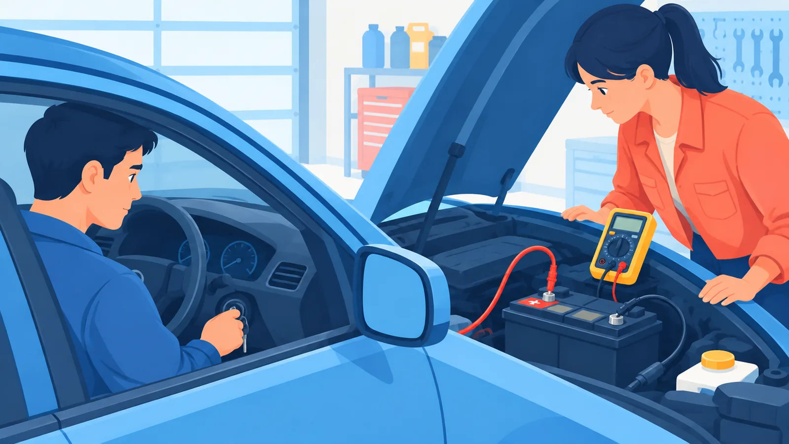 Người thứ hai vặn khóa đề máy trong khi người khác theo dõi đồng hồ vạn năng