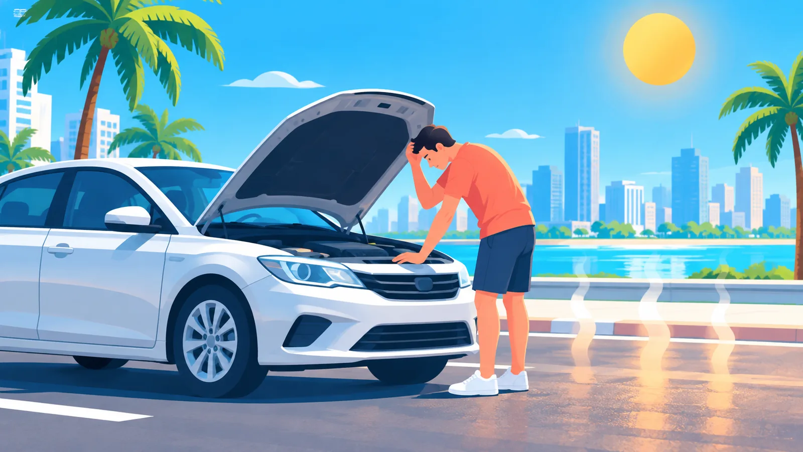 Xe sedan mở nắp capô trên đường phố nóng ẩm dưới nắng gắt