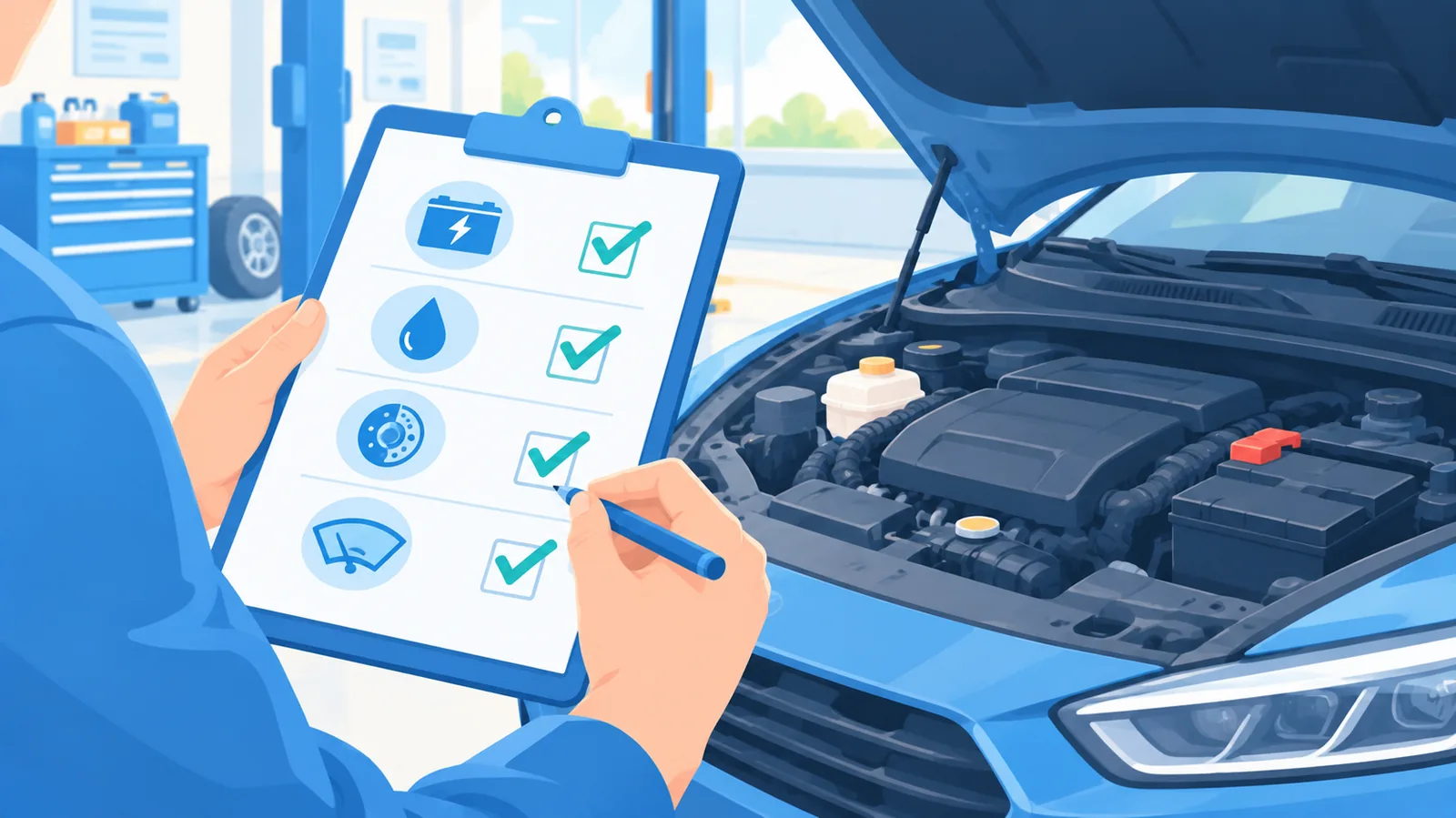 Tay cầm bảng kiểm tra bên cạnh xe mở nắp capô trong xưởng dịch vụ