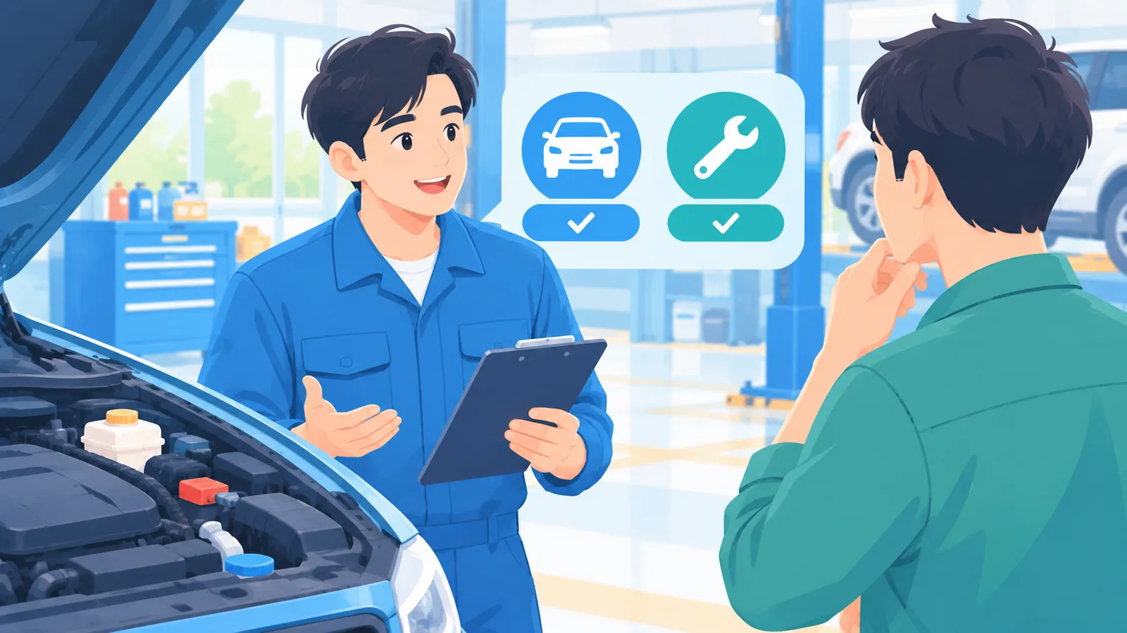 Thợ máy giải đáp thắc mắc của tài xế trong xưởng