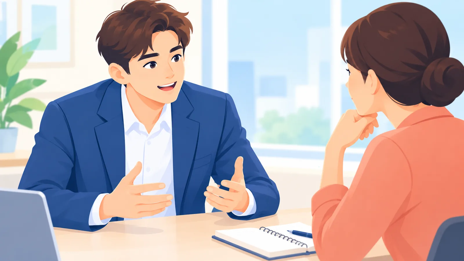 Hai người trao đổi tại bàn họp về thời điểm đề cập lương