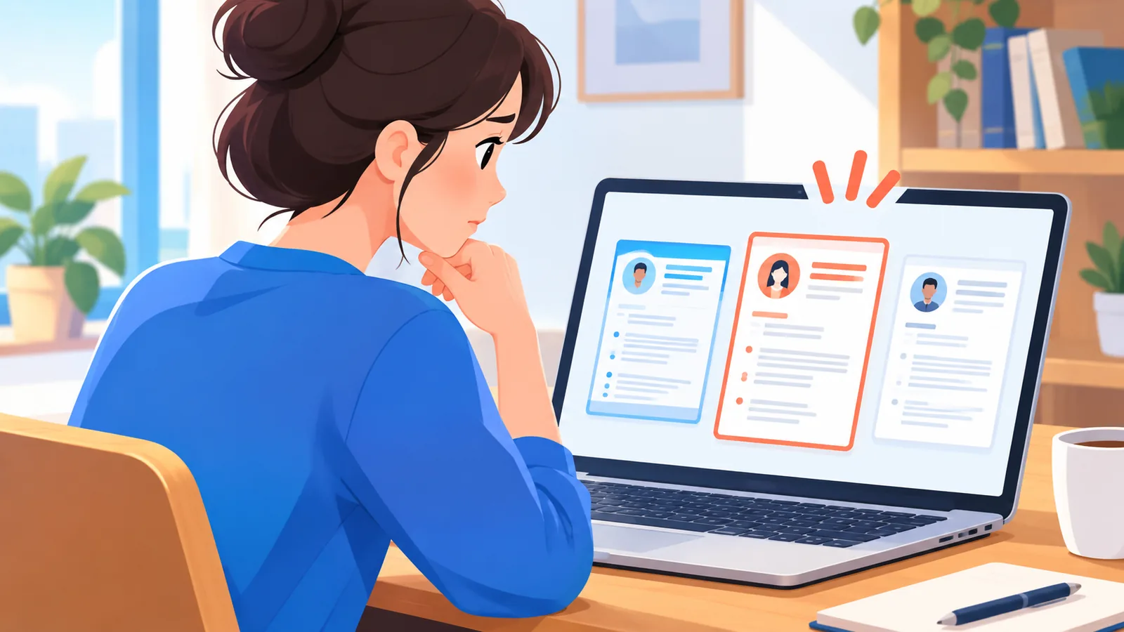 Người trẻ đang xem các mẫu CV trên máy tính xách tay tại bàn làm việc