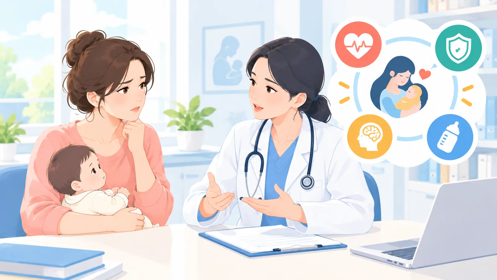 Mẹ trao đổi với bác sĩ về dấu hiệu cần điều chỉnh