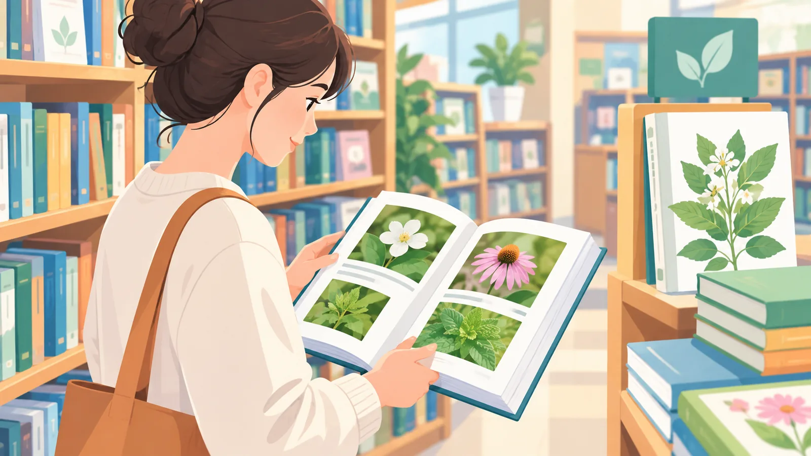 Người xem sách thực vật có ảnh minh họa tại hiệu sách