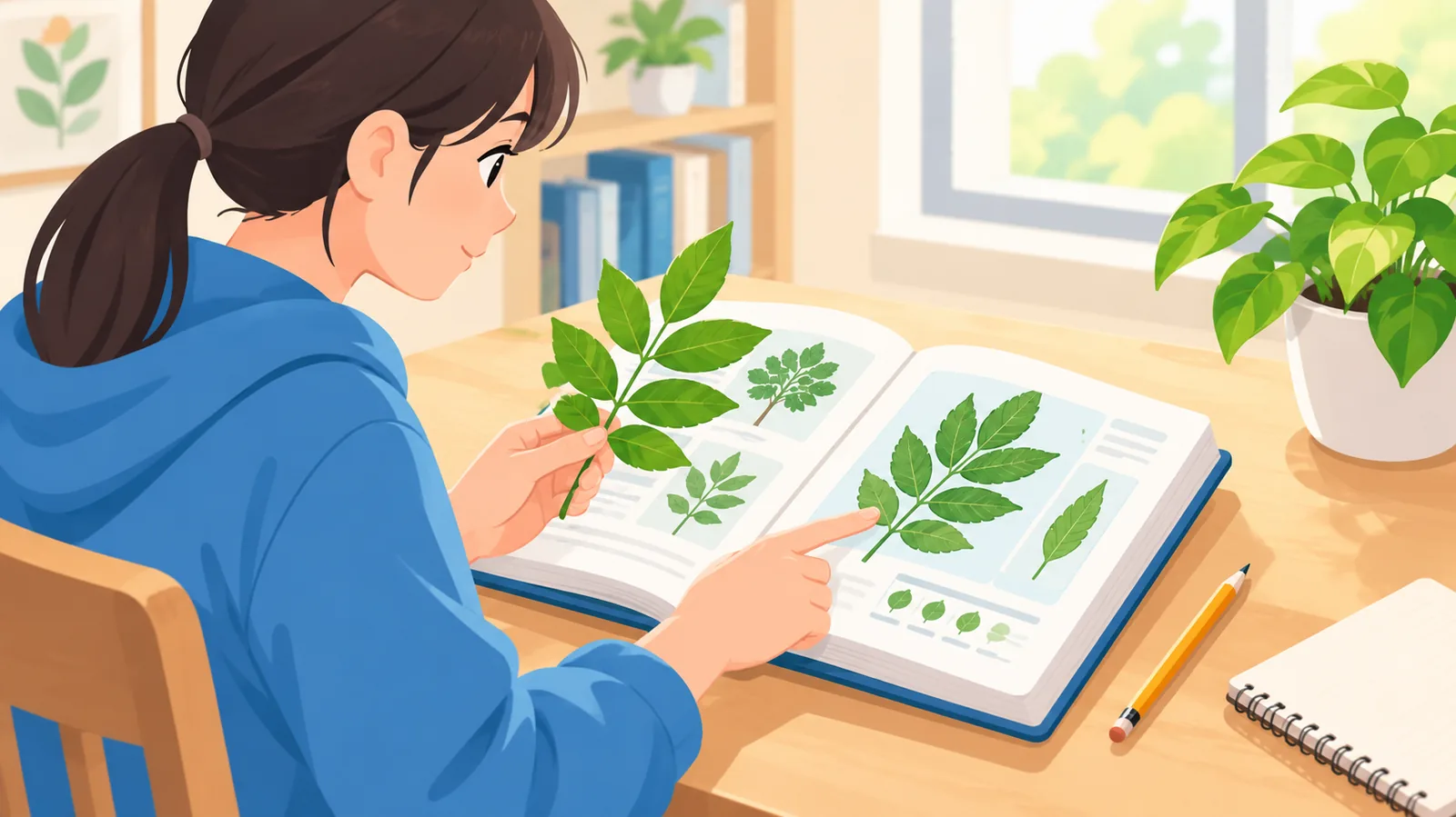 Người học dùng sách khóa định danh để đối chiếu cành lá kép