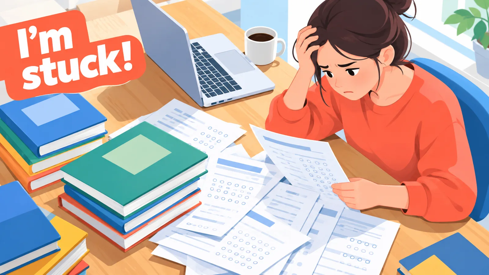 Bàn học chất đầy sách và đề ôn thi khiến người học lo lắng