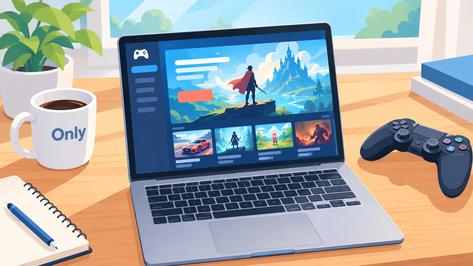MacBook mở trang cửa hàng game trên bàn làm việc