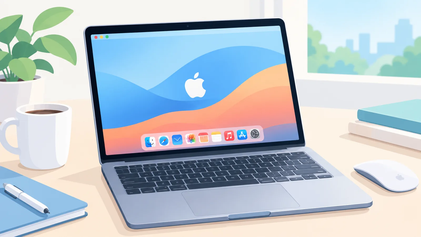 Màn hình macOS trên MacBook trong không gian làm việc hiện đại