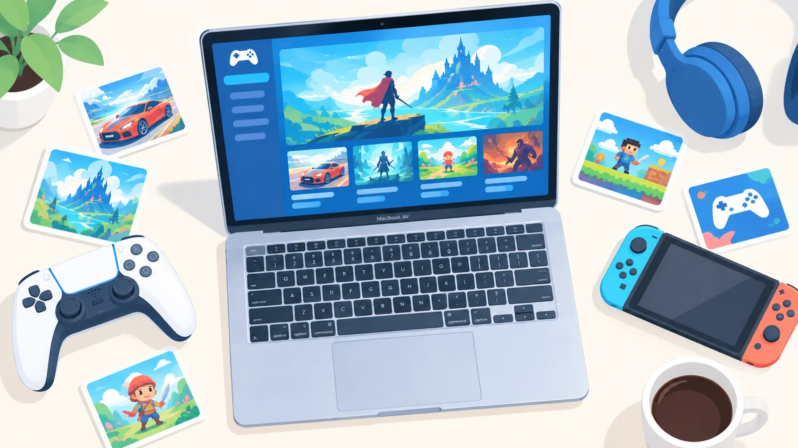 MacBook Air cùng tay cầm chơi game nhìn từ trên xuống