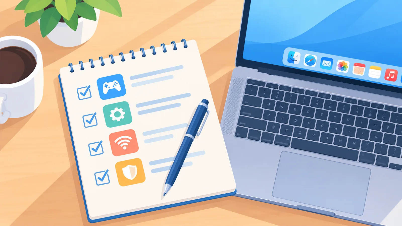 Sổ ghi checklist đặt cạnh MacBook trên bàn làm việc