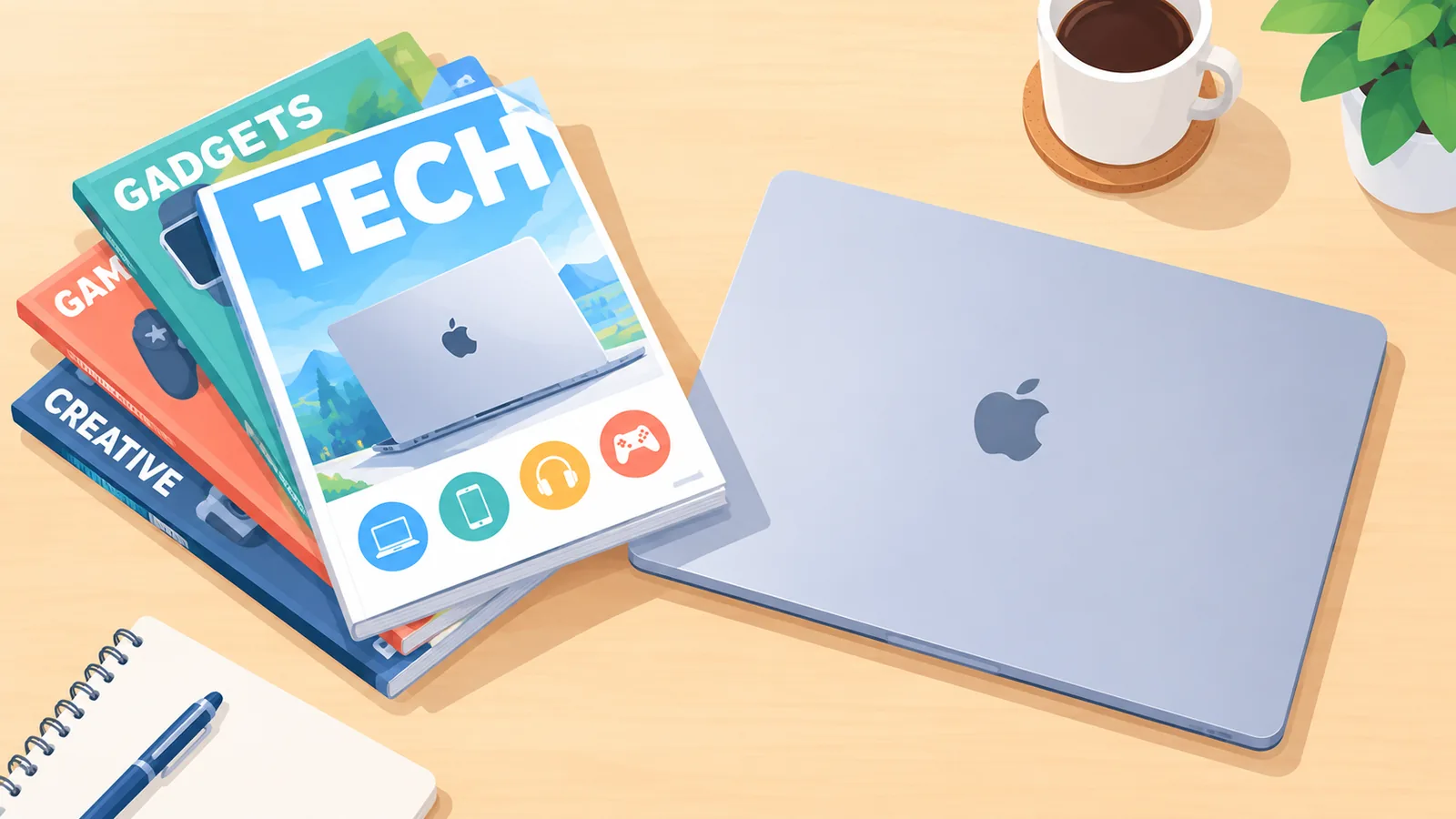 Chồng tạp chí công nghệ đặt cạnh MacBook trên bàn gỗ sáng màu