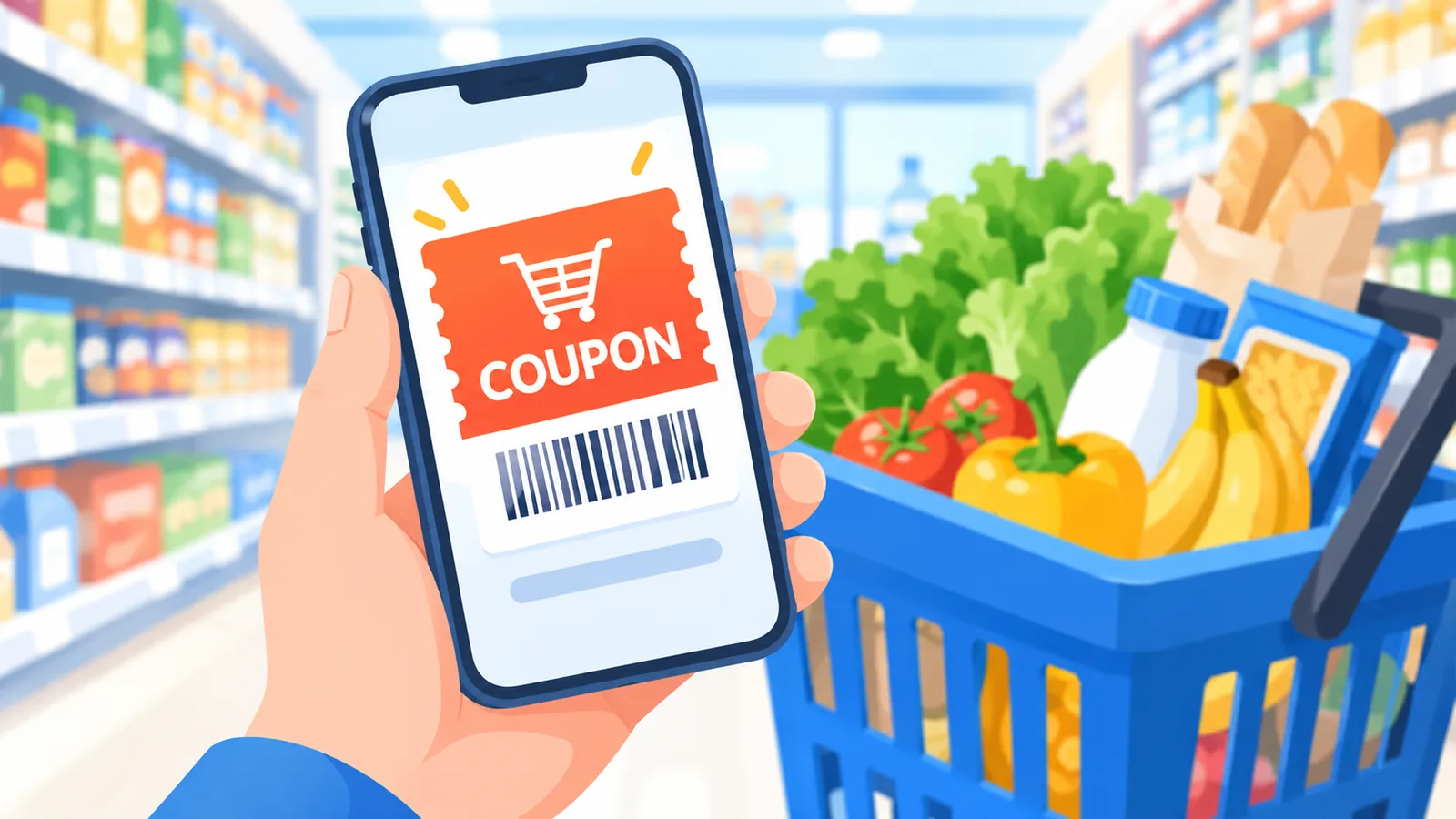 Điện thoại hiển thị phiếu giảm giá điện tử bên cạnh giỏ hàng tạp hóa
