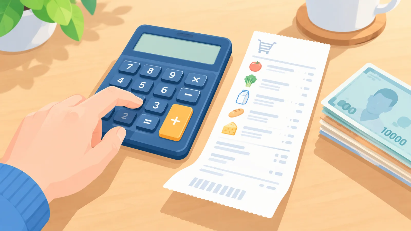 Máy tính bỏ túi và hóa đơn tạp hóa đang được tính tổng