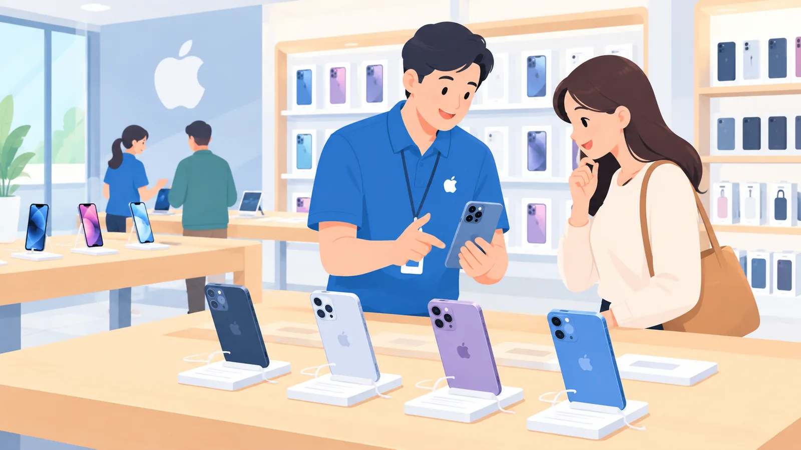 Quầy trưng bày iPhone tại đại lý ủy quyền với nhân viên hỗ trợ khách