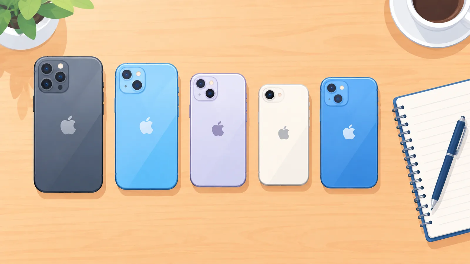 Nhiều mẫu iPhone xếp trên bàn gỗ cùng sổ ghi chú để chọn đời máy
