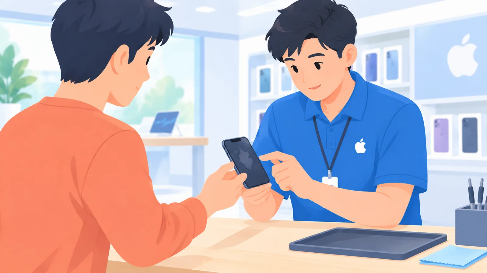 Nhân viên cửa hàng kiểm tra điện thoại cũ khi thu cũ đổi mới
