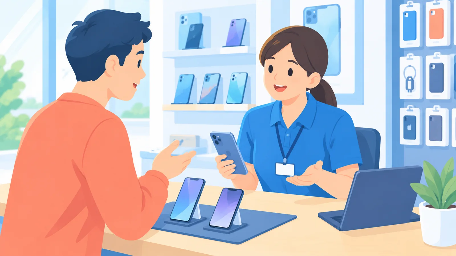Quầy tư vấn trong cửa hàng điện thoại với khách hàng đang đặt câu hỏi