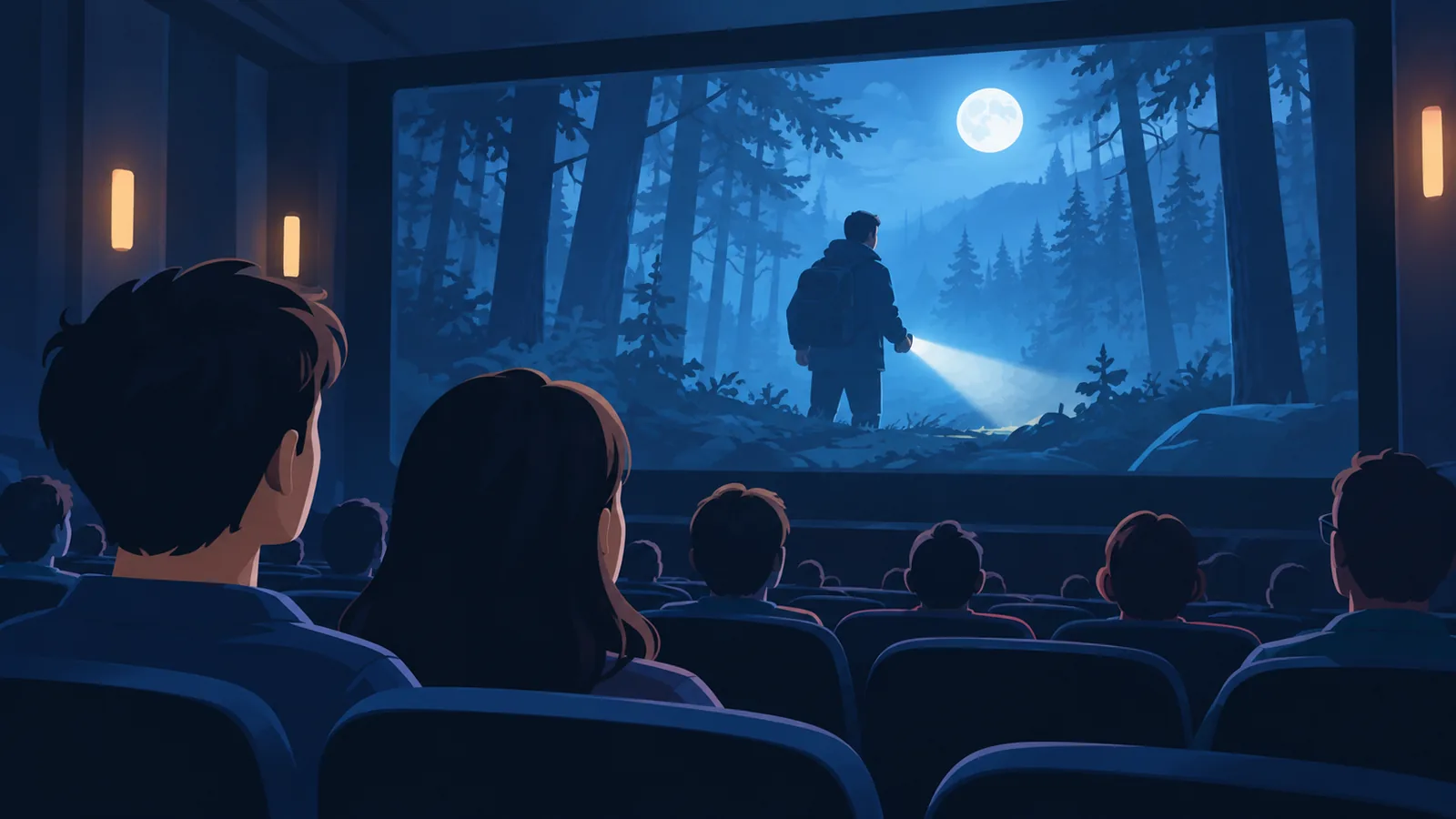 صالة سينما مظلمة تعرض مشهد تشويق ليلياً