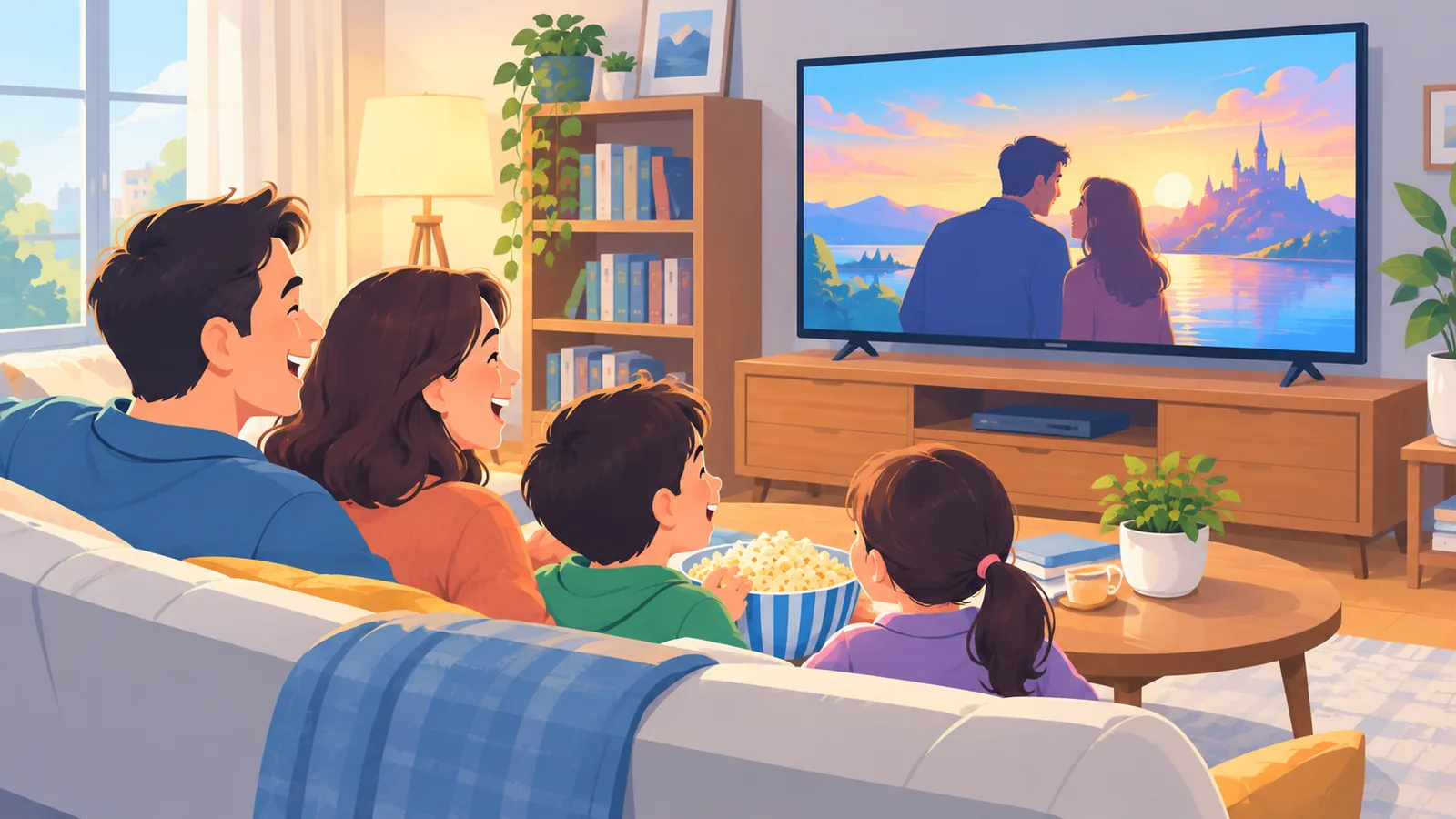 عائلة تضحك أثناء مشاهدة فيلم في المنزل