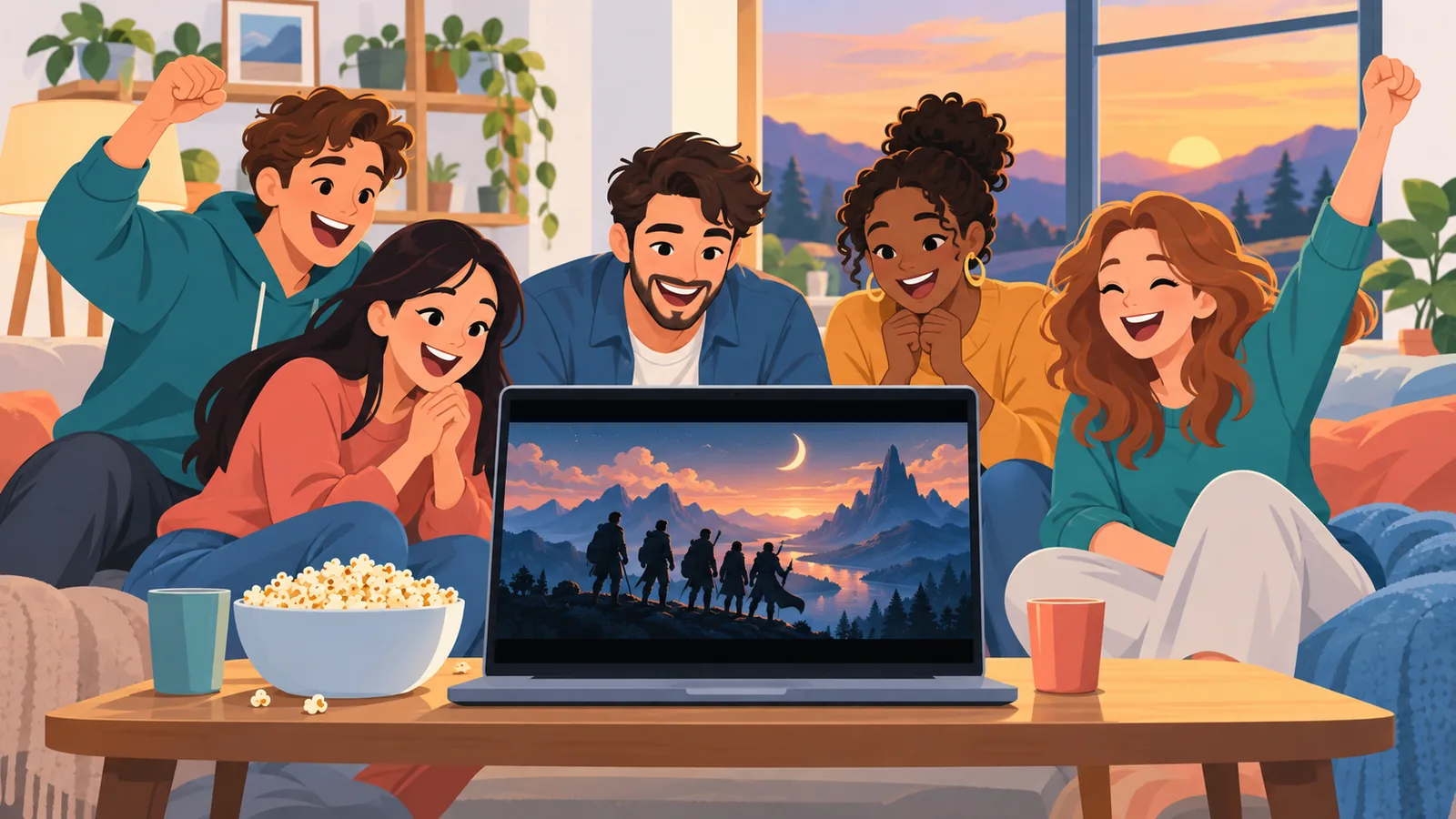 أصدقاء يحتفلون بنجاح البث وظهور صورة الفيلم