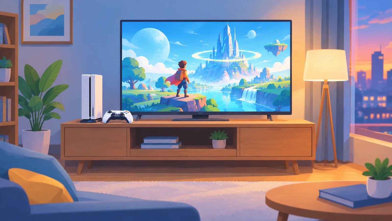 جهاز ألعاب أمام تلفاز يعرض مشهدًا حماسيًا