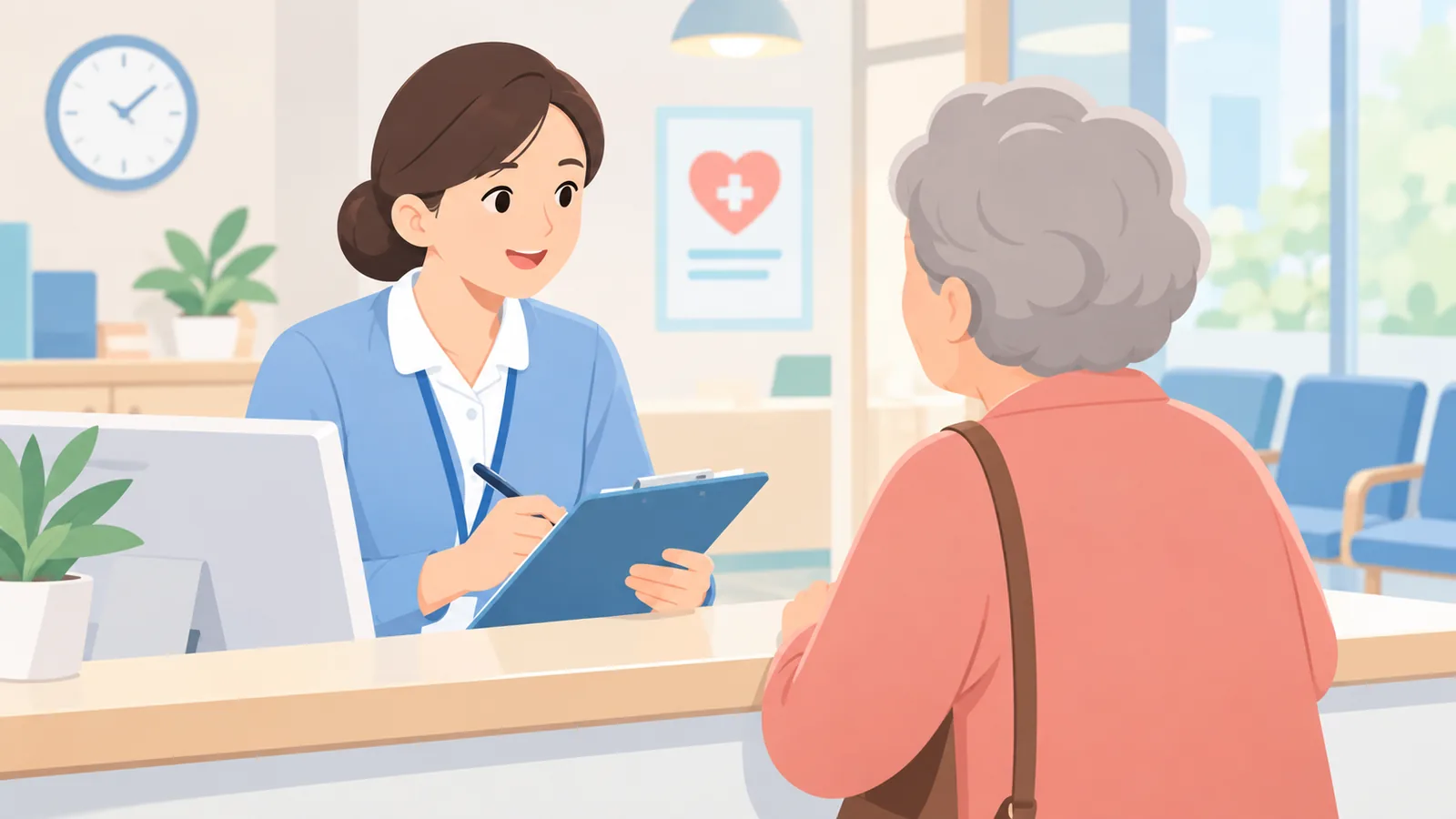 موظف فوترة طبية يراجع بطاقة تأمين المريض وقائمة مراجعة على مكتبه