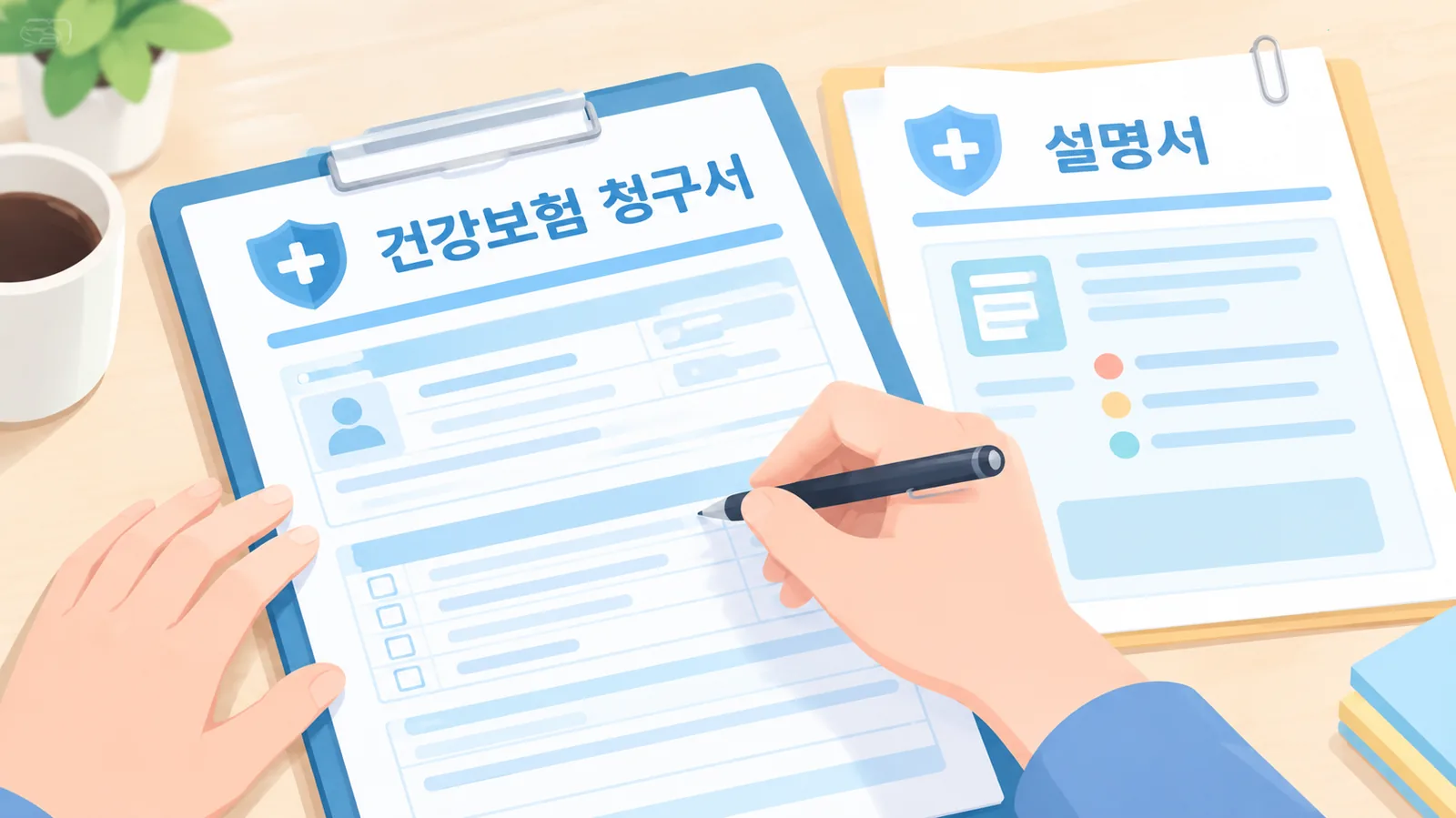 نموذجان للمطالبات التأمينية مرتبان على مكتب لتوضيح الفوترة للجهة الأولى أولًا