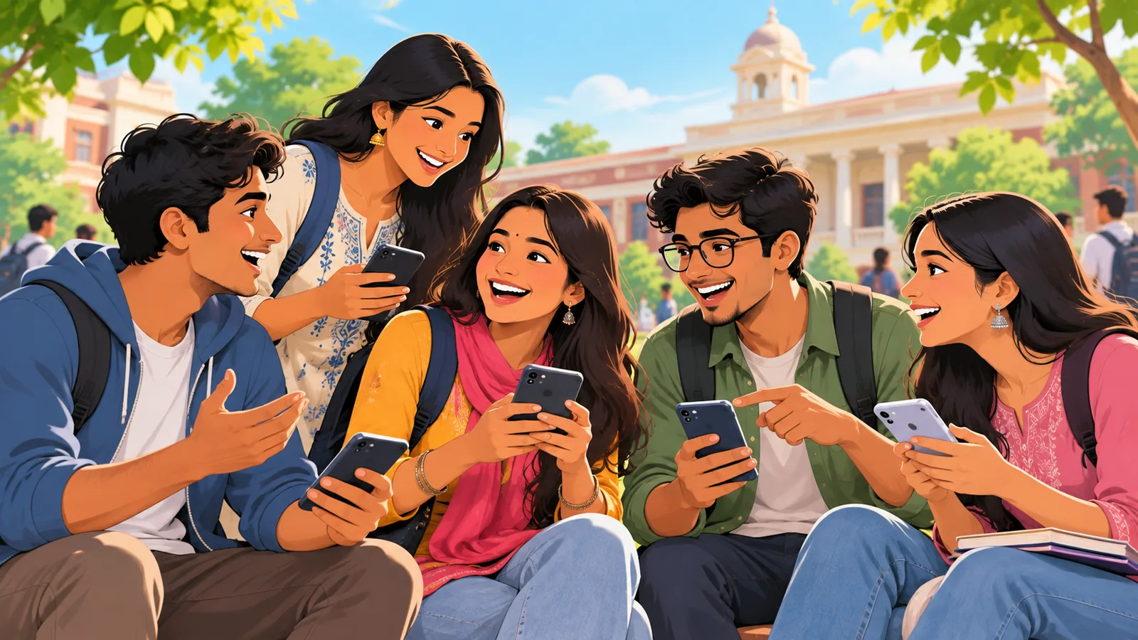 مجموعة من الناخبين الشباب الجدد يضحكون معاً في حرم جامعي
